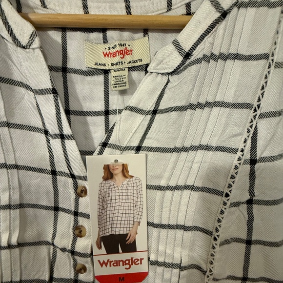 Wrangler Plaid Peasant Blouse White and Black Size M NWT - Picture 2 of 11